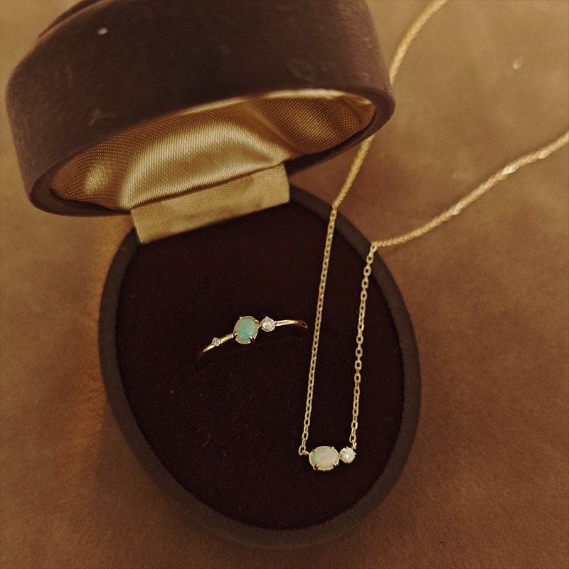 Dainty Opal Jewelry Set Gold Oval Natural Opal Ring Sterling Silver Cubic Zirconia Necklace October Birthstone Unique Anniversary Gift