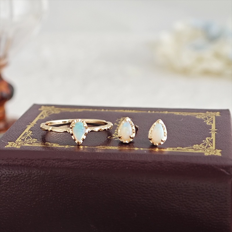 Dainty Opal Promise Ring Vintage Gold Pear Cut Sterling Silver Solitaire Rings Stackable October Birthstone Stud Earrings Unique Anniversary Jewelry Set