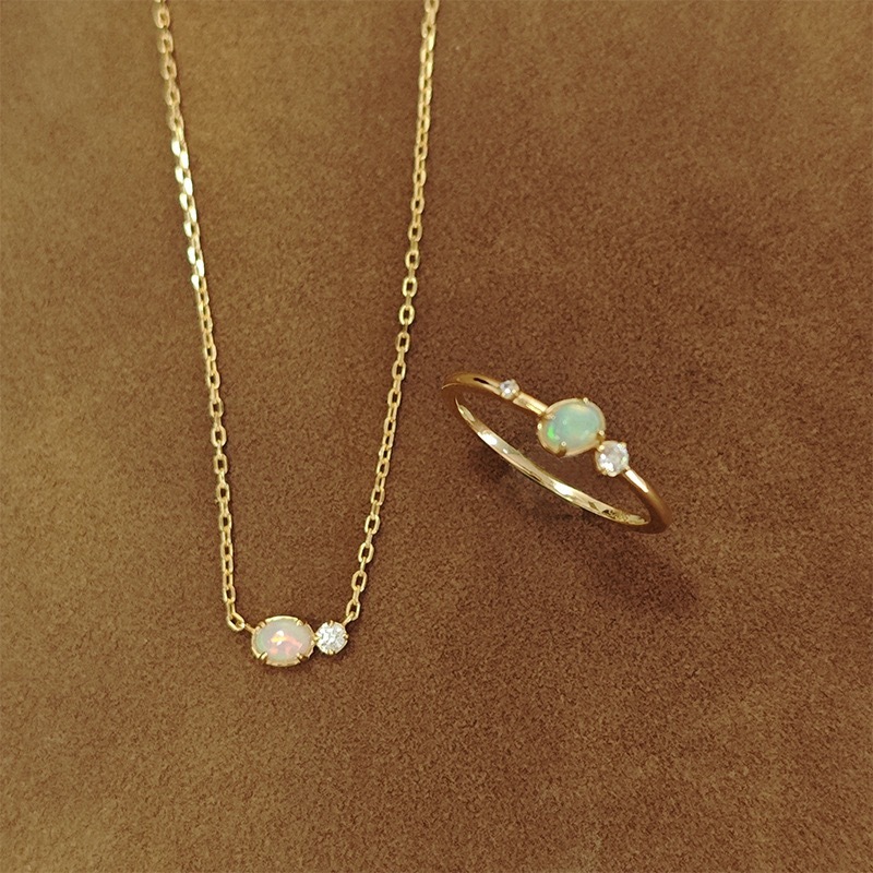 Dainty Opal Jewelry Set Gold Oval Natural Opal Ring Sterling Silver Cubic Zirconia Necklace October Birthstone Unique Anniversary Gift