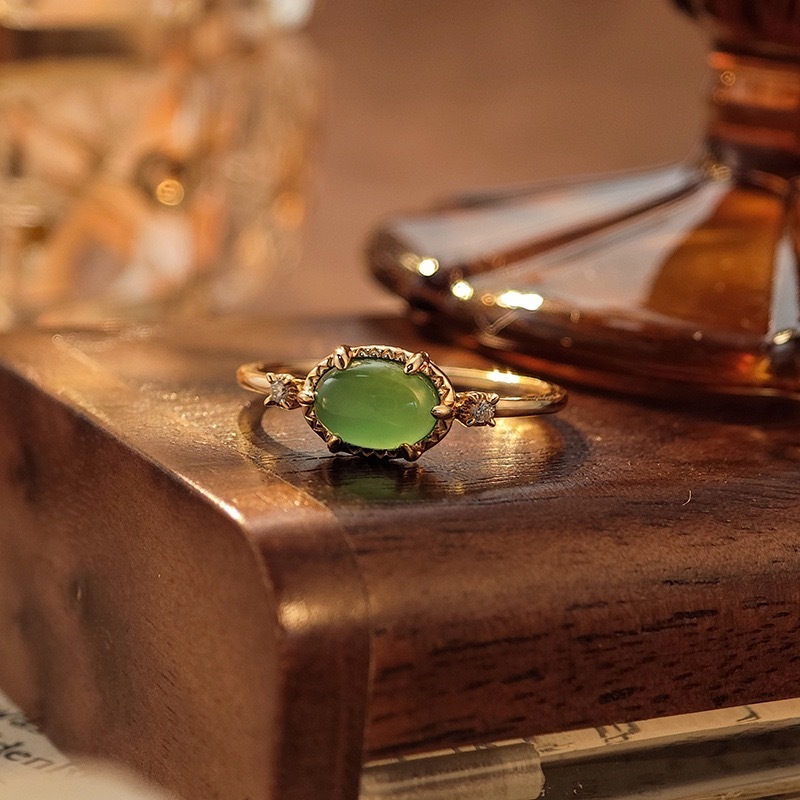 Dainty Chrysoprase Ring Vintage Oval Gold Plated Green Agate Three Stone Onyx Wedding Anniversary Simple Ring Gift for women