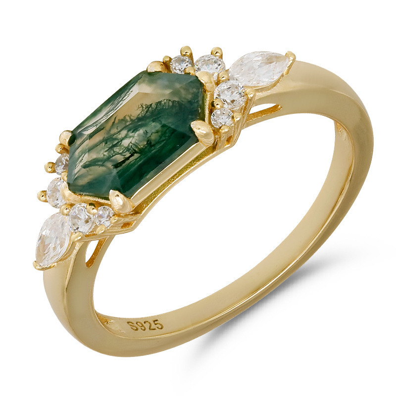 Hexagon Moss Agate Engagement Ring Vintage Unique 925 Sterling Silver Gold Plated East West Rings Promise Wedding Anniversary Jewelry Gift for Women