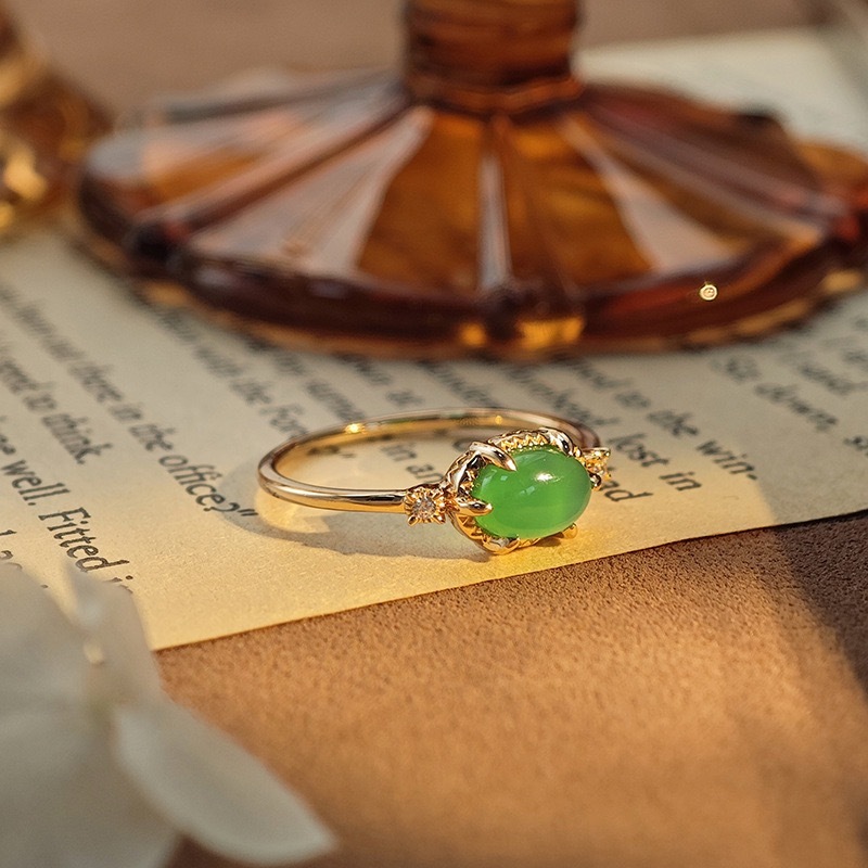 Dainty Chrysoprase Ring Vintage Oval Gold Plated Green Agate Three Stone Onyx Wedding Anniversary Simple Ring Gift for women