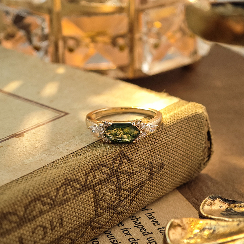 Hexagon Moss Agate Engagement Ring Vintage Unique 925 Sterling Silver Gold Plated East West Rings Promise Wedding Anniversary Jewelry Gift for Women