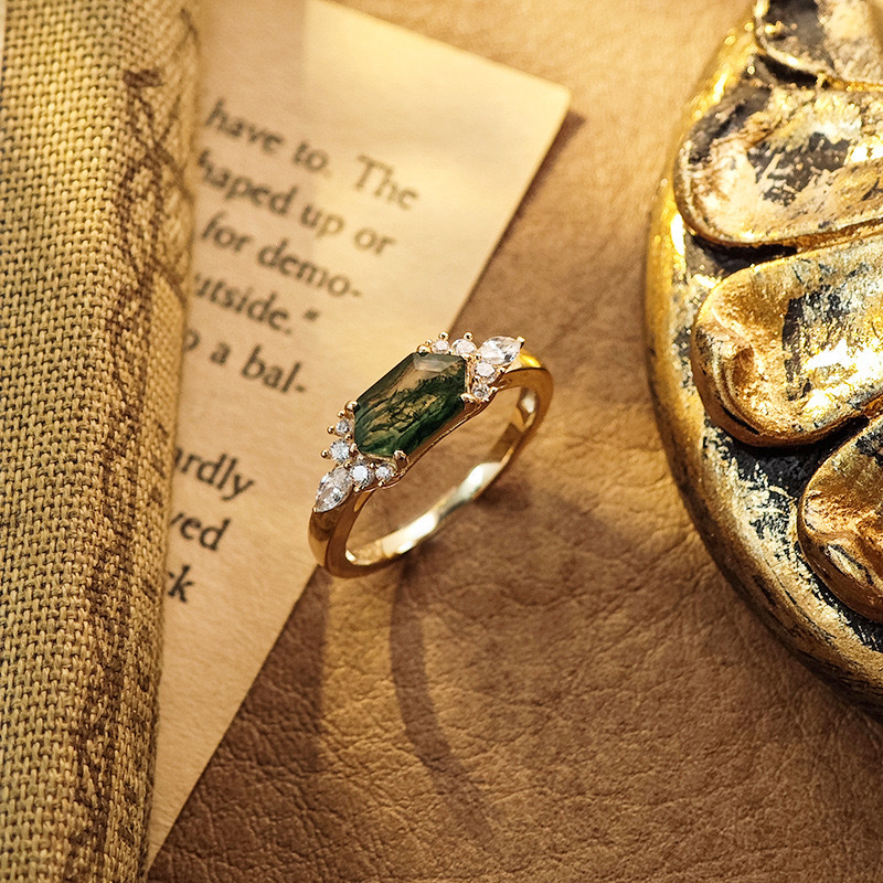 Hexagon Moss Agate Engagement Ring Vintage Unique 925 Sterling Silver Gold Plated East West Rings Promise Wedding Anniversary Jewelry Gift for Women