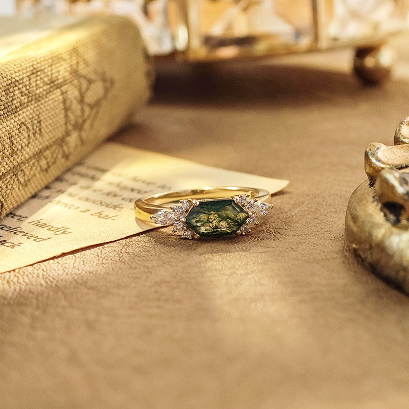 Hexagon Moss Agate Engagement Ring Vintage Unique 925 Sterling Silver Gold Plated East West Rings Promise Wedding Anniversary Jewelry Gift for Women