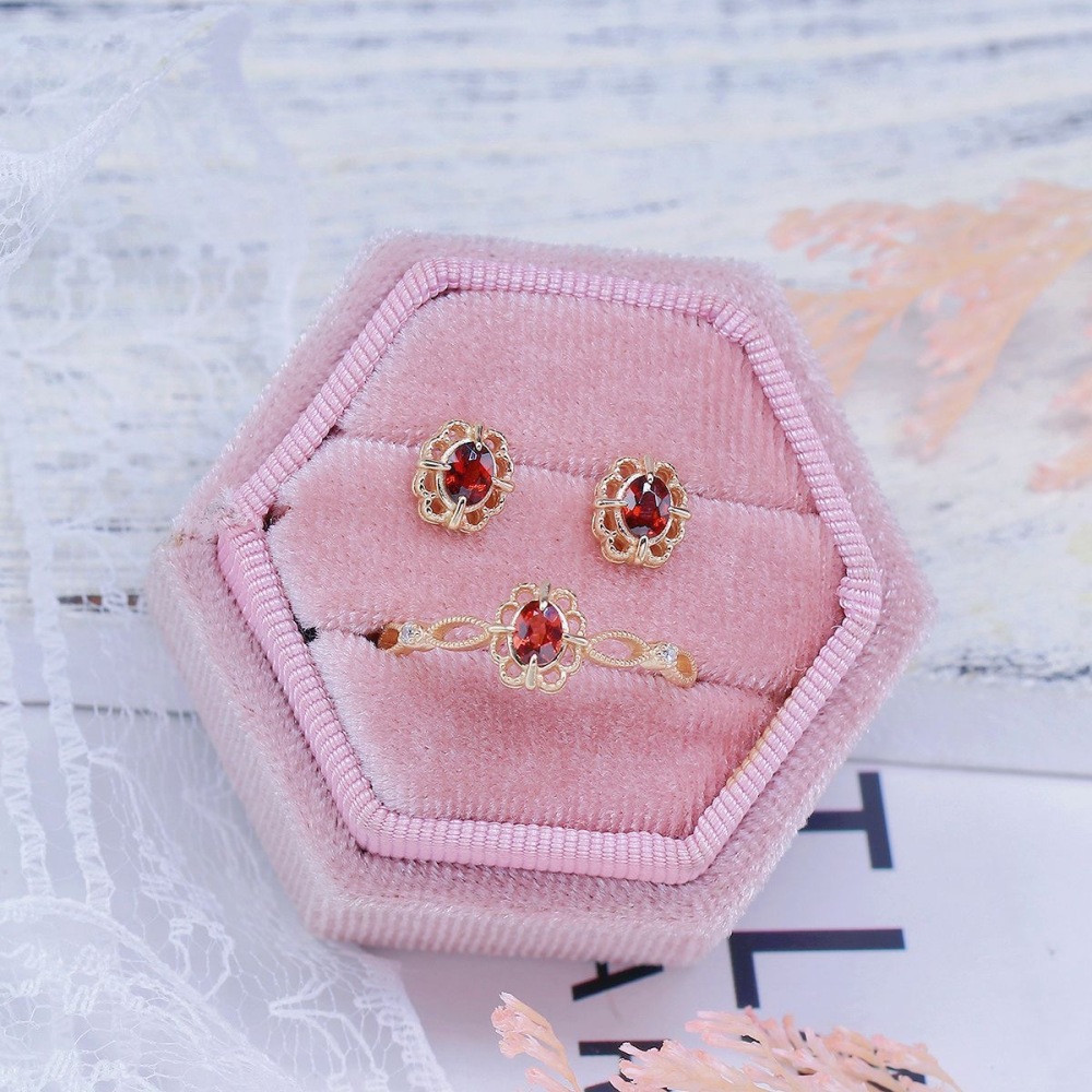 Natural Garnet Ring Necklace Gold January February Birthstone Jewelry Set Vintage Dainty Red Garnet Stud Earrings Filigree Anniversary Wedding Jewelry Gift