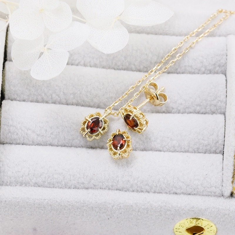 Natural Garnet Ring Necklace Gold January February Birthstone Jewelry Set Vintage Dainty Red Garnet Stud Earrings Filigree Anniversary Wedding Jewelry Gift