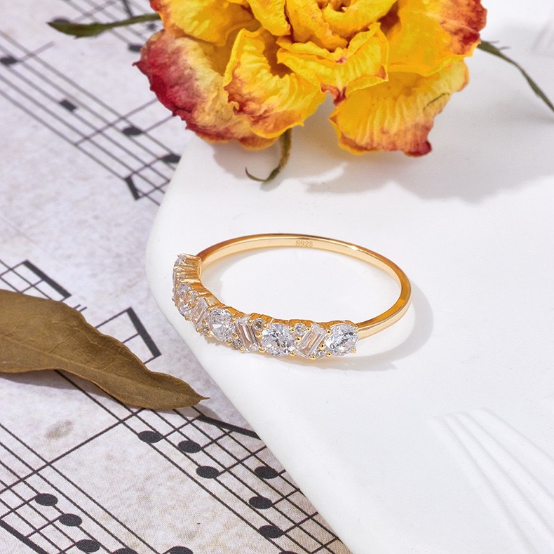 14K Gold Plated Wedding Band for Women Thin Stacking Ring Half Cubic Zirconia Eternity Engagement Ring Size 5-8