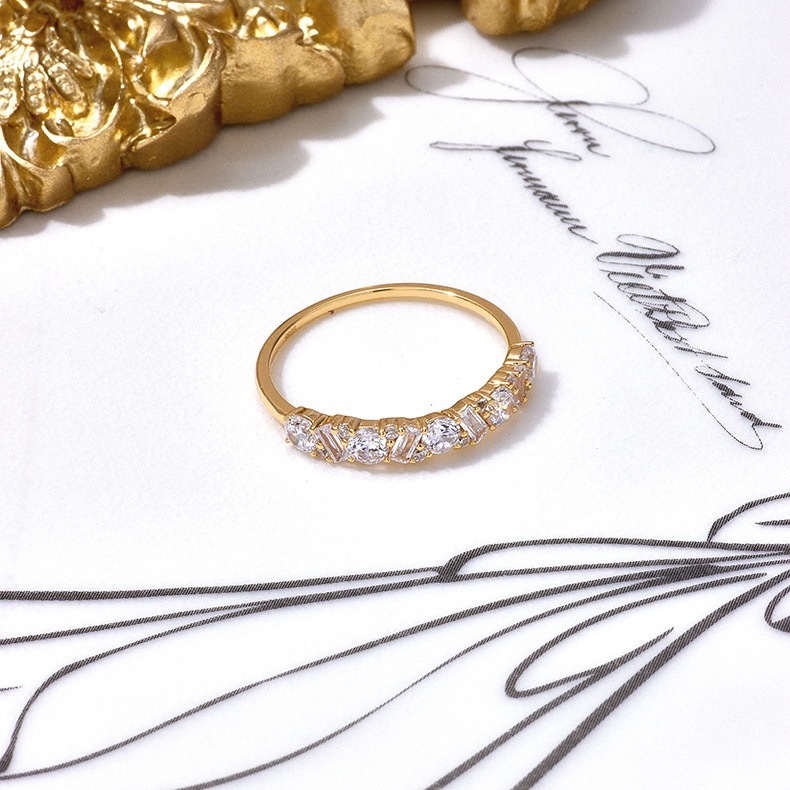 14K Gold Plated Wedding Band for Women Thin Stacking Ring Half Cubic Zirconia Eternity Engagement Ring Size 5-8