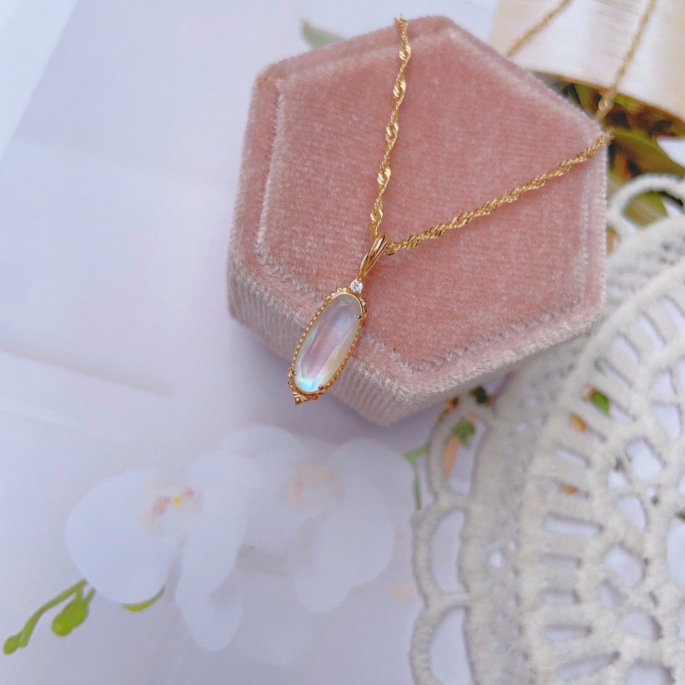 Dainty White Crystal Necklace Gold Plated Long Oval Natural Mother of Pearl Necklace Sterling Silver Double Unique Necklaces Wedding Valentine Anniversary Gift for Women