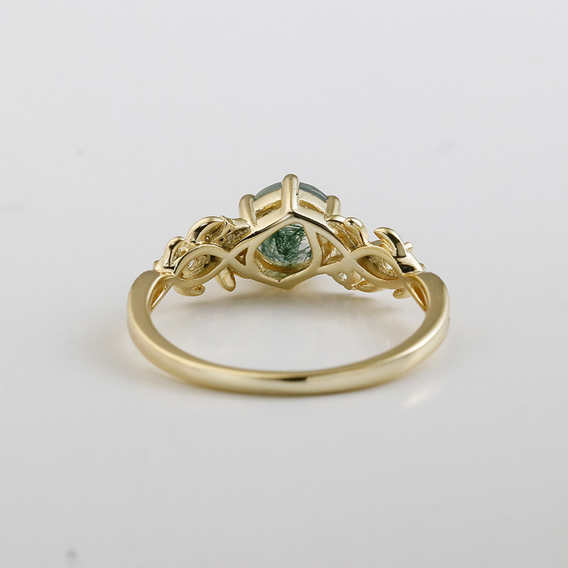 Round Moss Agate Engagement Ring Vintage Unique 925 Sterling Silver Gold Plated Filigree Floral Promise Rings Wedding Anniversary Jewelry Gift for Women