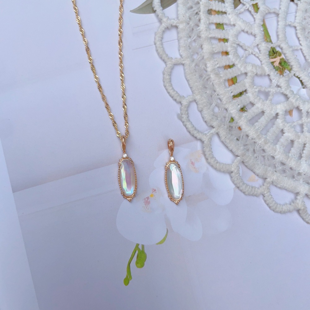 Dainty White Crystal Necklace Gold Plated Long Oval Natural Mother of Pearl Necklace Sterling Silver Double Unique Necklaces Wedding Valentine Anniversary Gift for Women