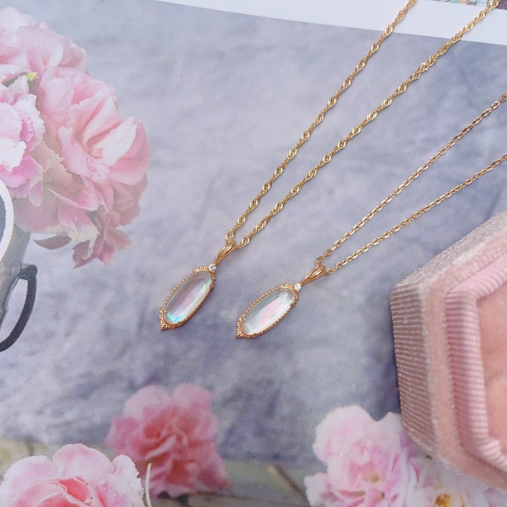 Dainty White Crystal Necklace Gold Plated Long Oval Natural Mother of Pearl Necklace Sterling Silver Double Unique Necklaces Wedding Valentine Anniversary Gift for Women