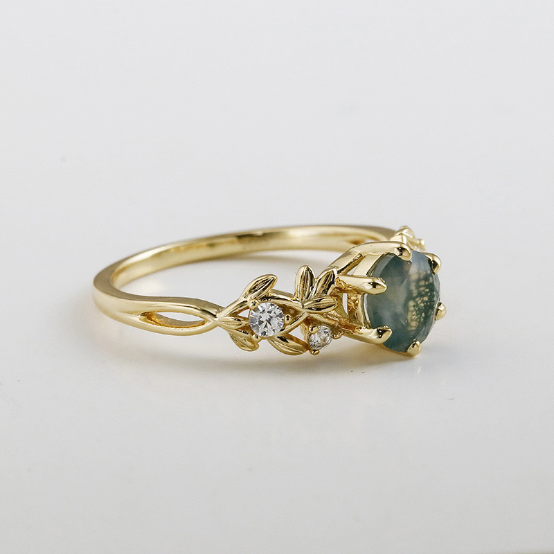 Round Moss Agate Engagement Ring Vintage Unique 925 Sterling Silver Gold Plated Filigree Floral Promise Rings Wedding Anniversary Jewelry Gift for Women