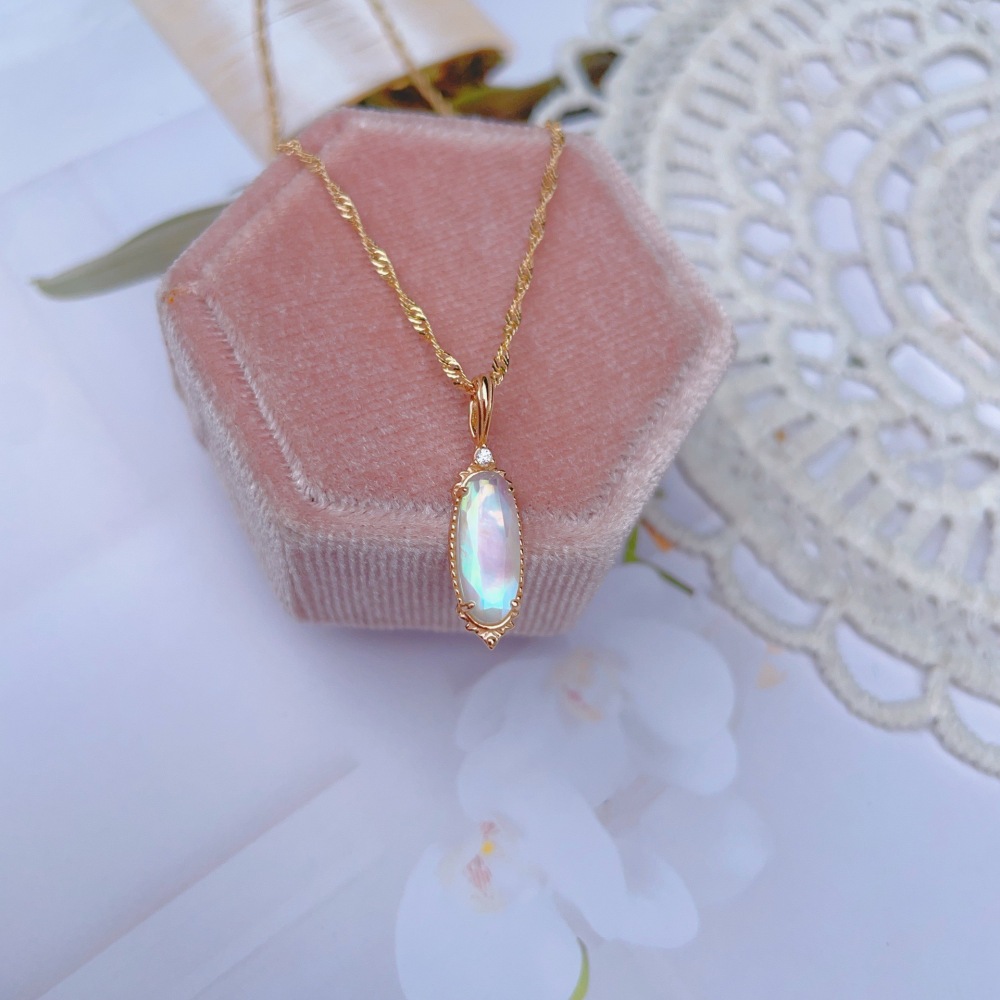 Dainty White Crystal Necklace Gold Plated Long Oval Natural Mother of Pearl Necklace Sterling Silver Double Unique Necklaces Wedding Valentine Anniversary Gift for Women
