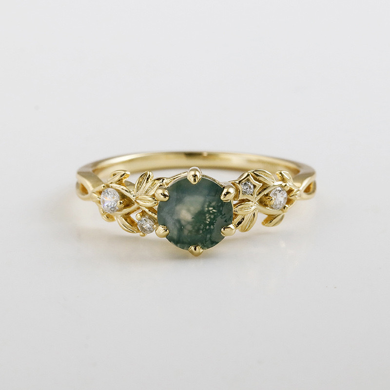 Round Moss Agate Engagement Ring Vintage Unique 925 Sterling Silver Gold Plated Filigree Floral Promise Rings Wedding Anniversary Jewelry Gift for Women