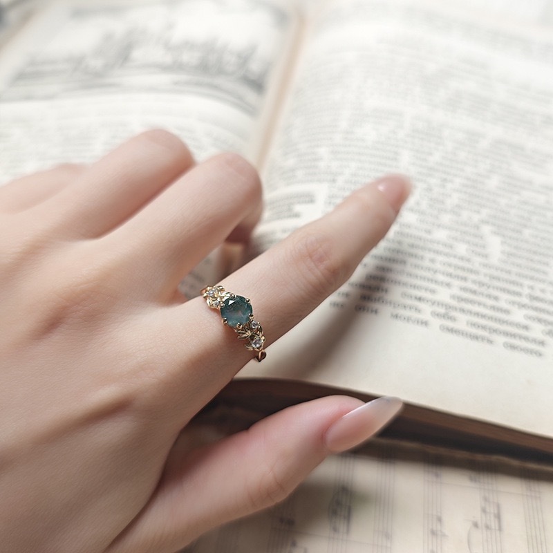 Round Moss Agate Engagement Ring Vintage Unique 925 Sterling Silver Gold Plated Filigree Floral Promise Rings Wedding Anniversary Jewelry Gift for Women