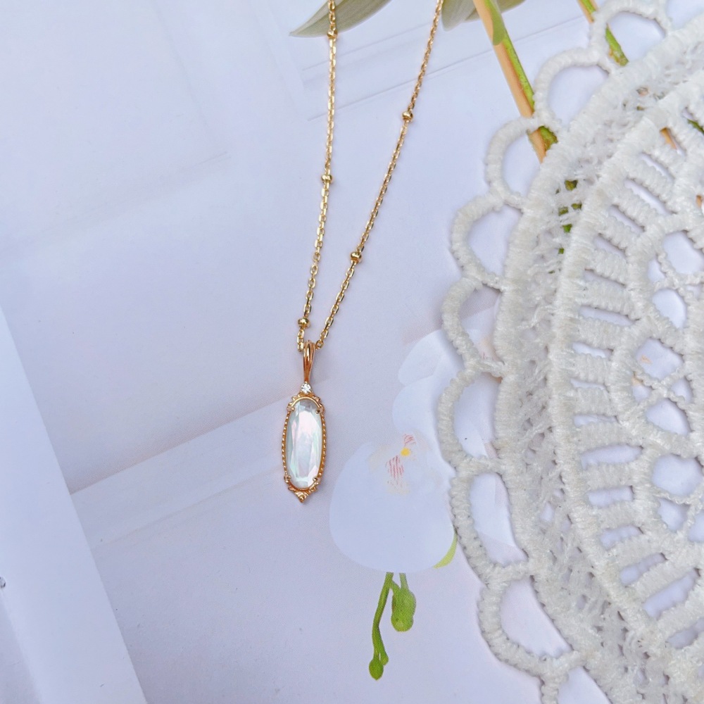Dainty White Crystal Necklace Gold Plated Long Oval Natural Mother of Pearl Necklace Sterling Silver Double Unique Necklaces Wedding Valentine Anniversary Gift for Women