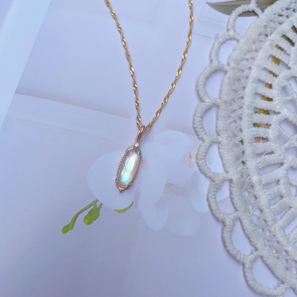 Dainty White Crystal Necklace Gold Plated Long Oval Natural Mother of Pearl Necklace Sterling Silver Double Unique Necklaces Wedding Valentine Anniversary Gift for Women