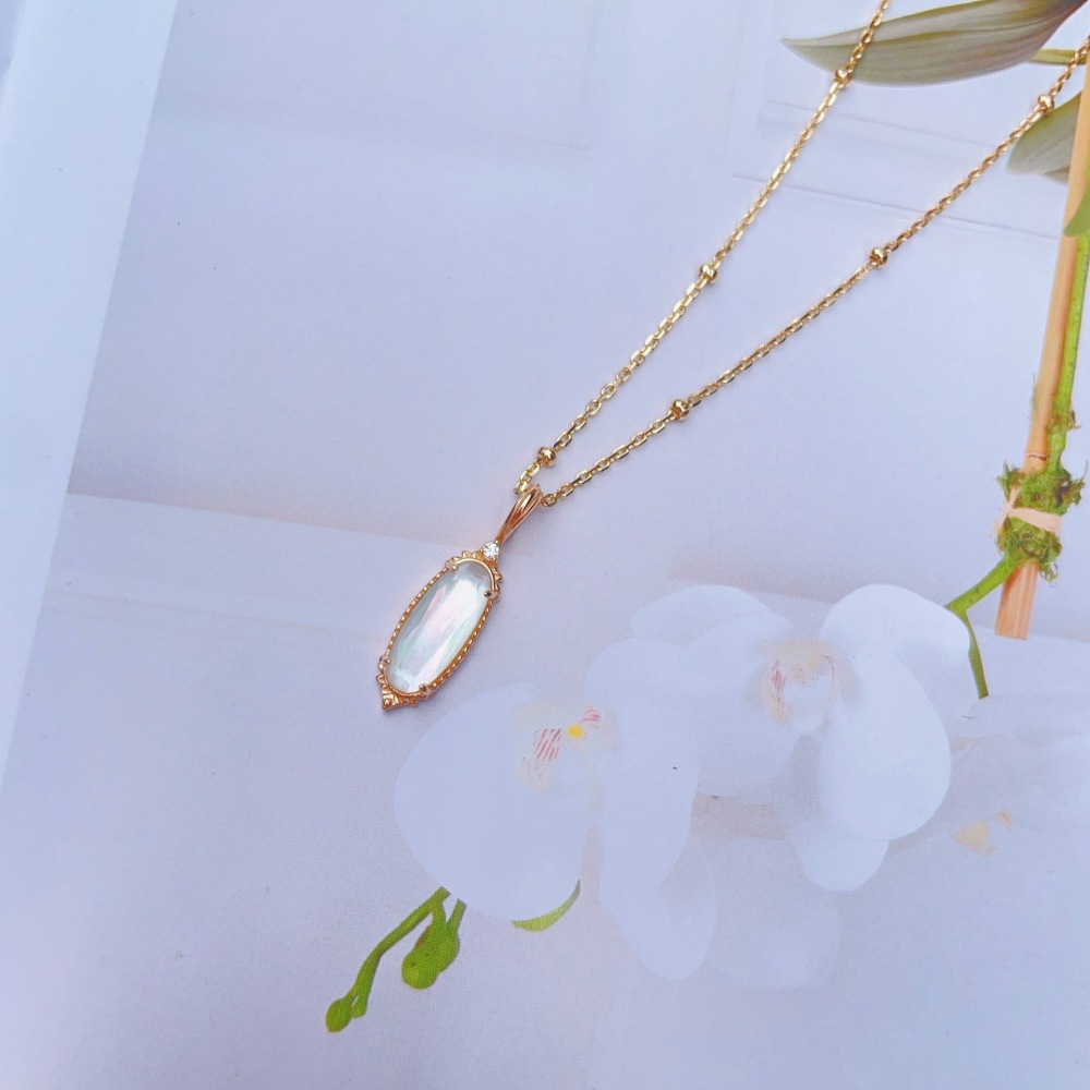 Dainty White Crystal Necklace Gold Plated Long Oval Natural Mother of Pearl Necklace Sterling Silver Double Unique Necklaces Wedding Valentine Anniversary Gift for Women