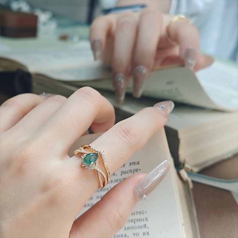 Moss Agate Engagement Ring Set Gold Pear Cut Natural Gemstone Twisted Sterling Silver Rings Cubic Zirconia Wedding Promise Anniversary Jewelry gift for Women