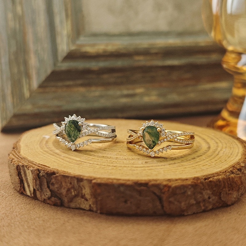Moss Agate Engagement Ring Set Gold Pear Cut Natural Gemstone Twisted Sterling Silver Rings Cubic Zirconia Wedding Promise Anniversary Jewelry gift for Women