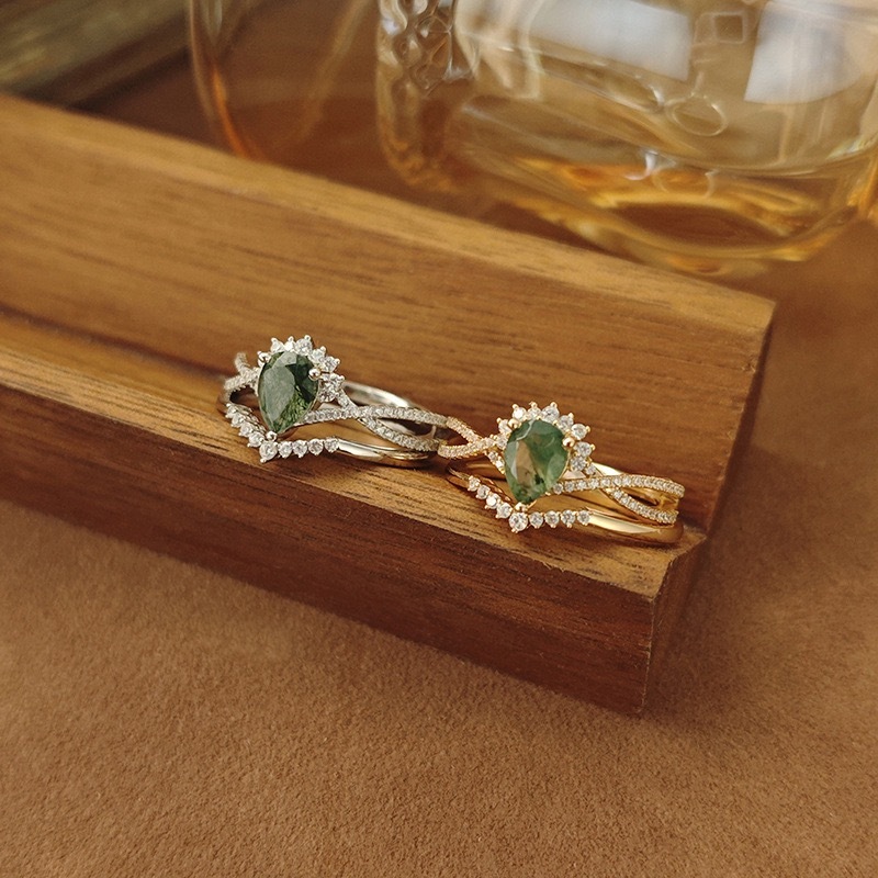Moss Agate Engagement Ring Set Gold Pear Cut Natural Gemstone Twisted Sterling Silver Rings Cubic Zirconia Wedding Promise Anniversary Jewelry gift for Women
