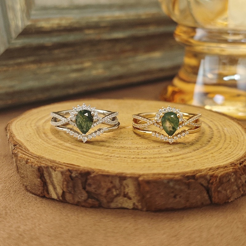 Moss Agate Engagement Ring Set Gold Pear Cut Natural Gemstone Twisted Sterling Silver Rings Cubic Zirconia Wedding Promise Anniversary Jewelry gift for Women