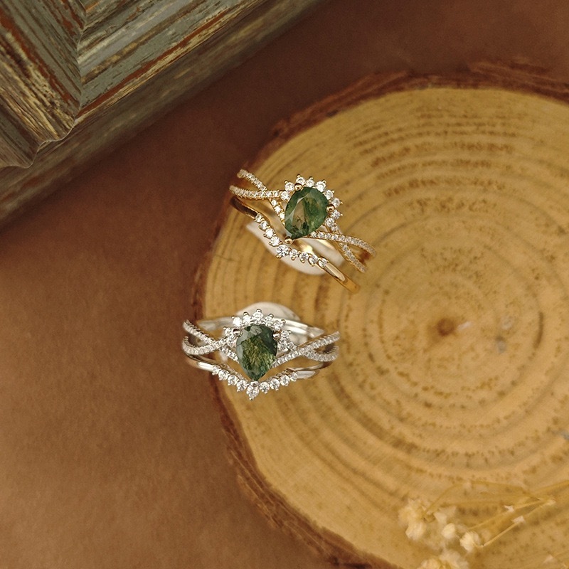 Moss Agate Engagement Ring Set Gold Pear Cut Natural Gemstone Twisted Sterling Silver Rings Cubic Zirconia Wedding Promise Anniversary Jewelry gift for Women