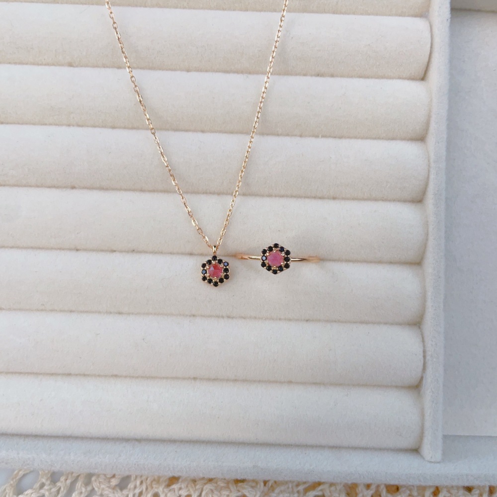 Natural Garnet Ring Gold Hexagon January February Birthstone Jewelry Set Art Deco Dainty Purple Garnet Necklace Black Onyx Halo Rings Anniversary Wedding Jewelry Gift
