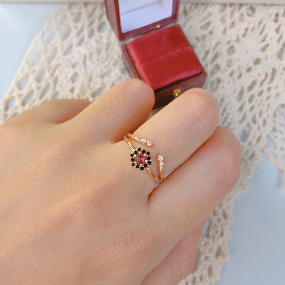 Natural Garnet Ring Gold Hexagon January February Birthstone Jewelry Set Art Deco Dainty Purple Garnet Necklace Black Onyx Halo Rings Anniversary Wedding Jewelry Gift