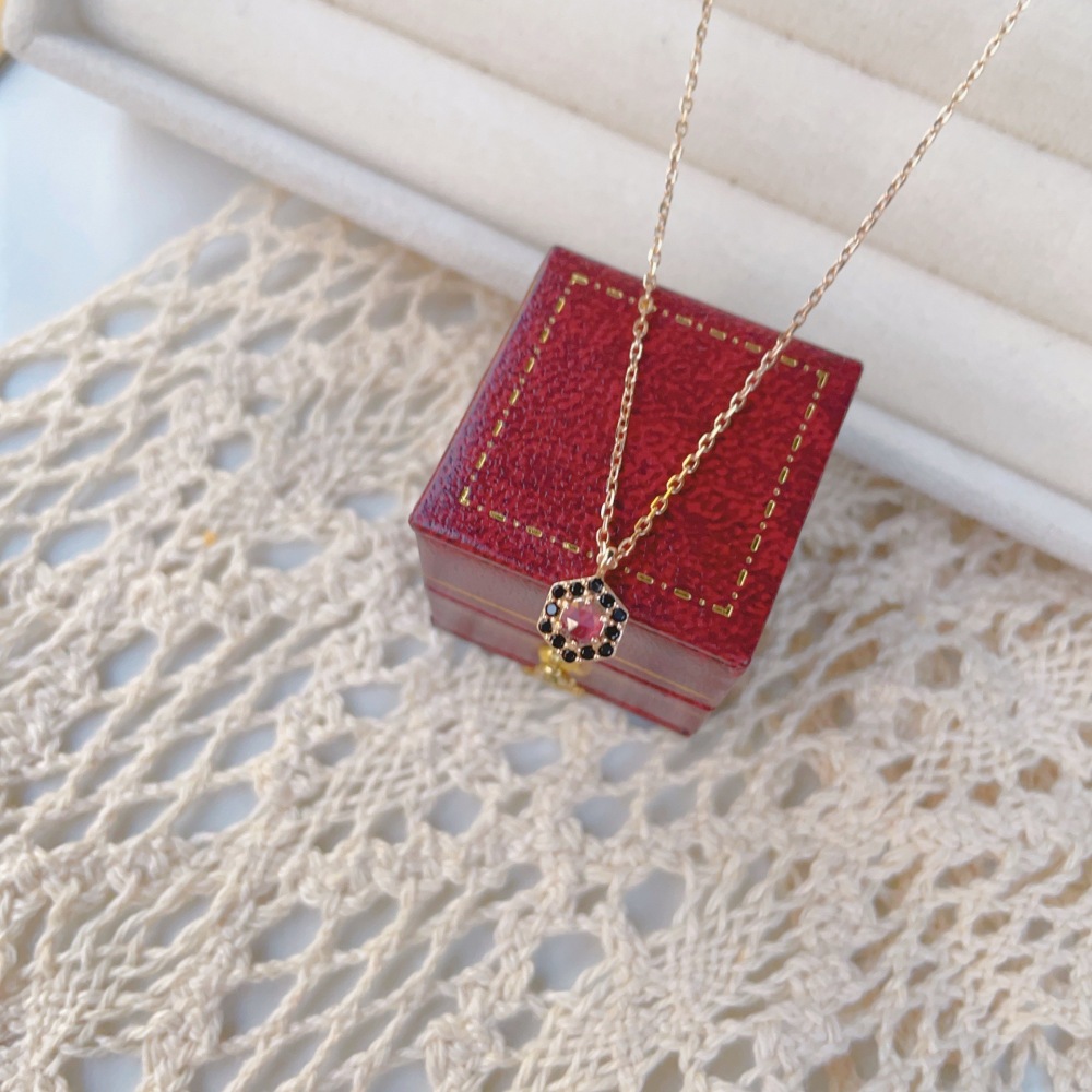 Natural Garnet Ring Gold Hexagon January February Birthstone Jewelry Set Art Deco Dainty Purple Garnet Necklace Black Onyx Halo Rings Anniversary Wedding Jewelry Gift