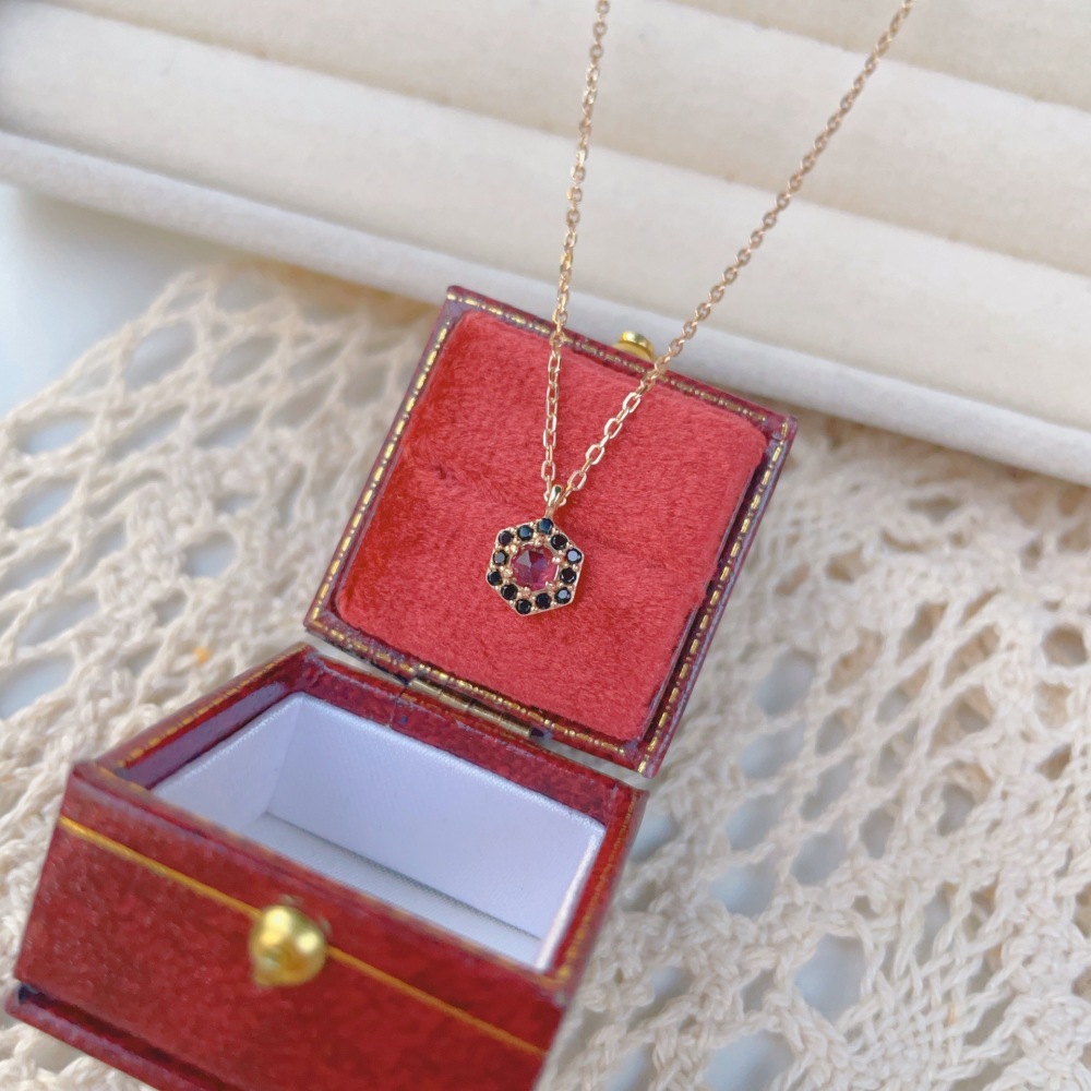 Natural Garnet Ring Gold Hexagon January February Birthstone Jewelry Set Art Deco Dainty Purple Garnet Necklace Black Onyx Halo Rings Anniversary Wedding Jewelry Gift