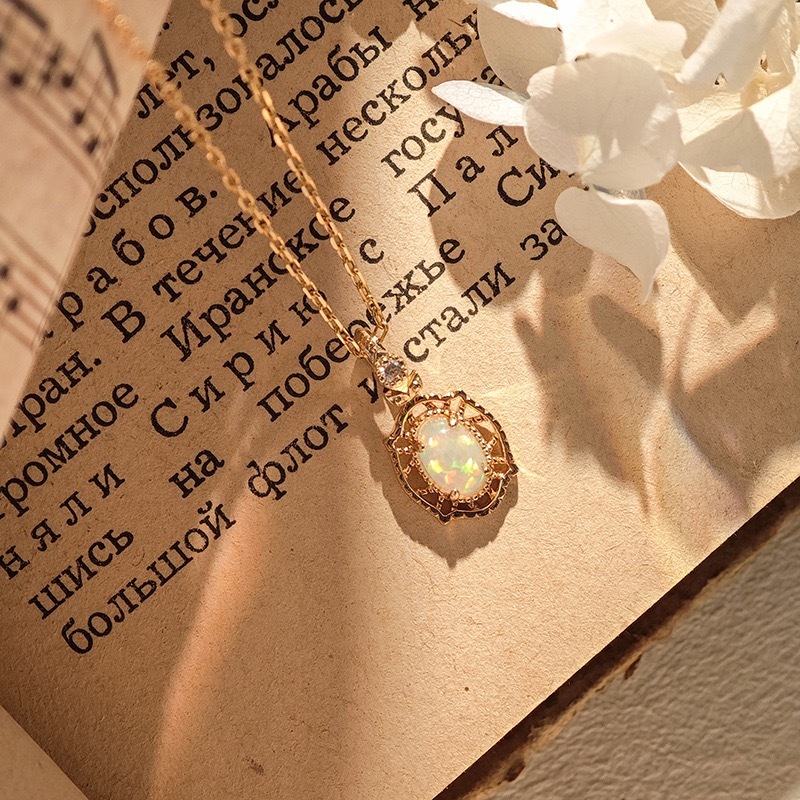 Vintage Opal Necklace Gold Dainty Oval Natural Opal Ring Sterling Silver Cubic Zirconia Floral October Birthstone Jewelry Set Unique Anniversary Gift
