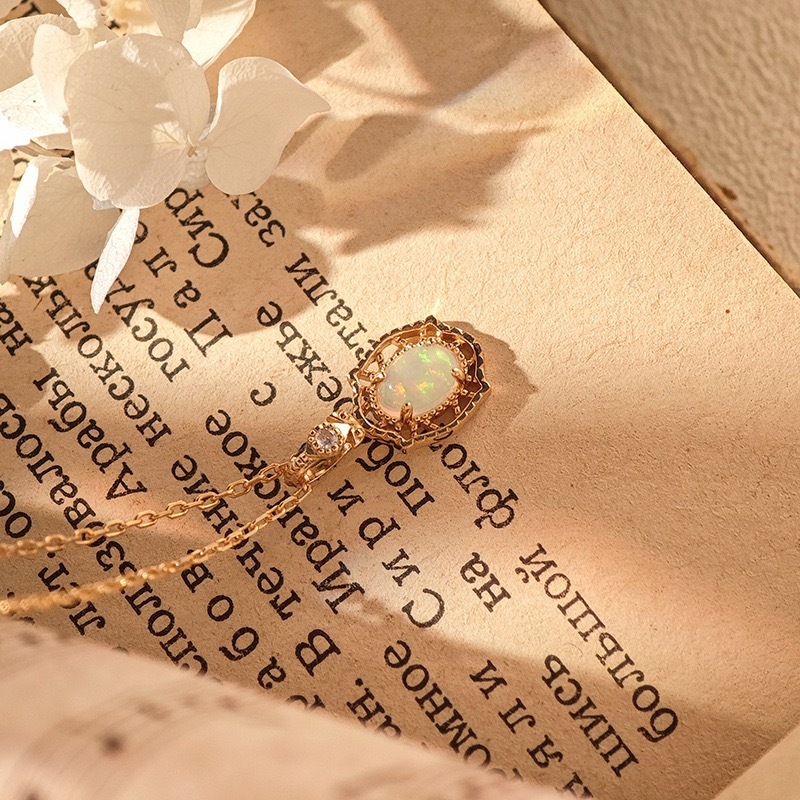 Vintage Opal Necklace Gold Dainty Oval Natural Opal Ring Sterling Silver Cubic Zirconia Floral October Birthstone Jewelry Set Unique Anniversary Gift