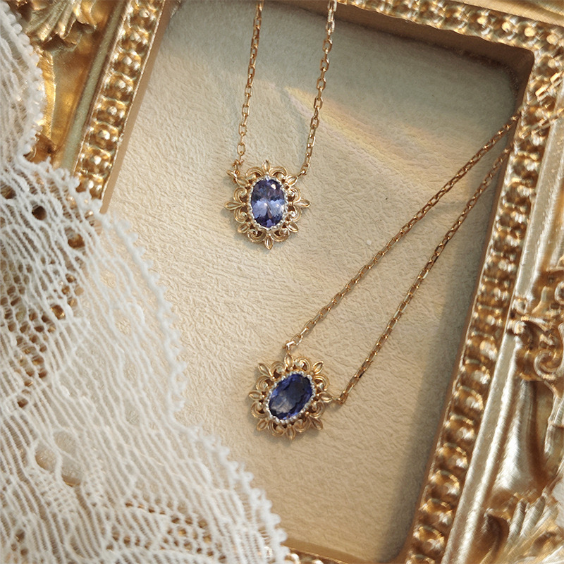 Vintage Natural Tanzanite Necklace Gold Plated Solitaire Oval Gemstone Necklaces Sterling Silver Unique Necklaces Wedding Valentine Anniversary Gift for her