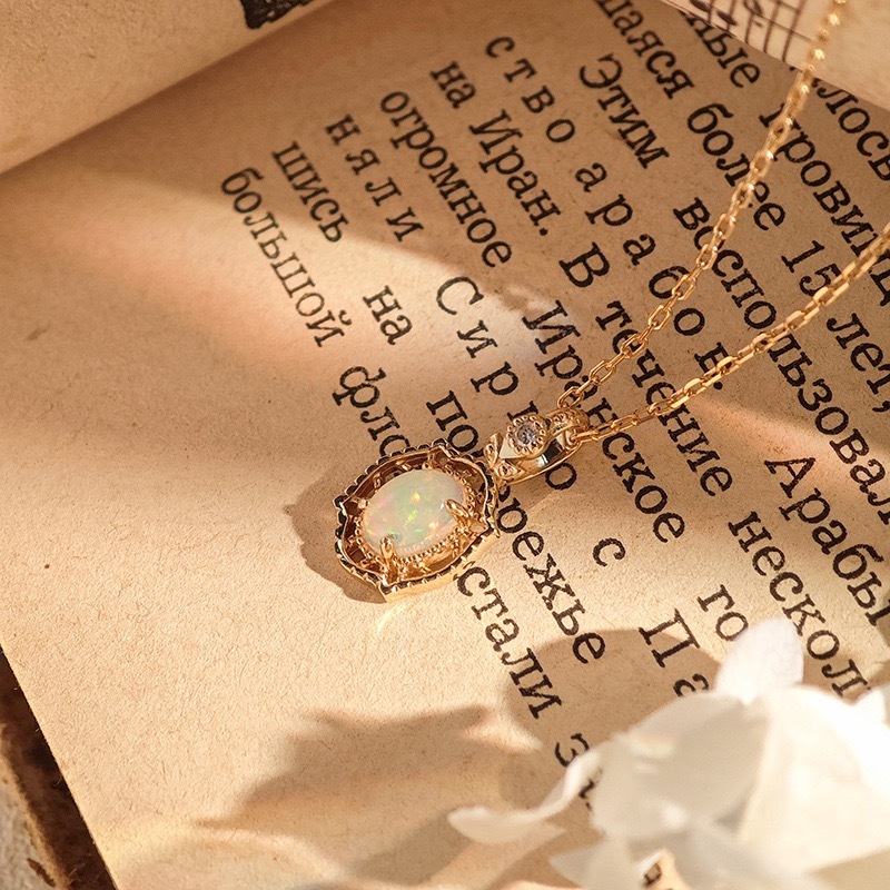 Vintage Opal Necklace Gold Dainty Oval Natural Opal Ring Sterling Silver Cubic Zirconia Floral October Birthstone Jewelry Set Unique Anniversary Gift