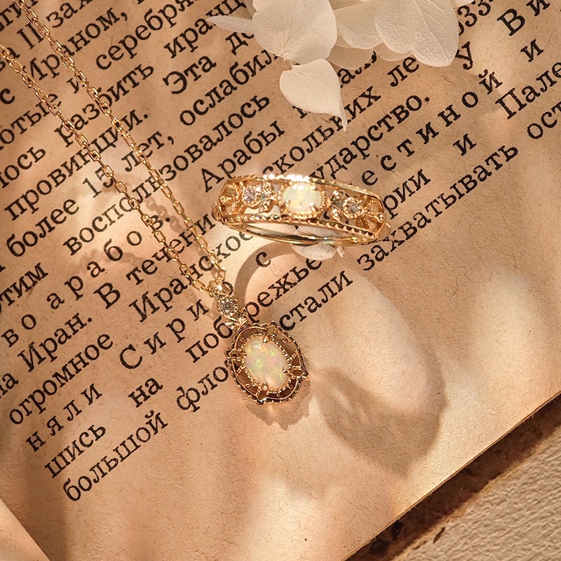 Vintage Opal Necklace Gold Dainty Oval Natural Opal Ring Sterling Silver Cubic Zirconia Floral October Birthstone Jewelry Set Unique Anniversary Gift