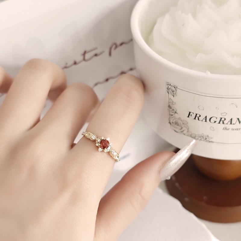 Natural Garnet Ring Gold Round January Birthstone Rings Vintage Dainty Cubic Zirconia Rings Women's Anniversary Wedding Valentine's Jewelry Gift