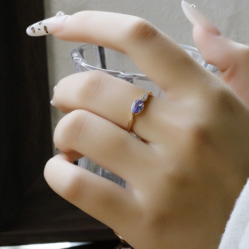 Pear Cut Natural Tanzanite Promise Ring Gold Cubic Zirconia Rings Dainty Unique Engagement Anniversary Jewelry gift for Women