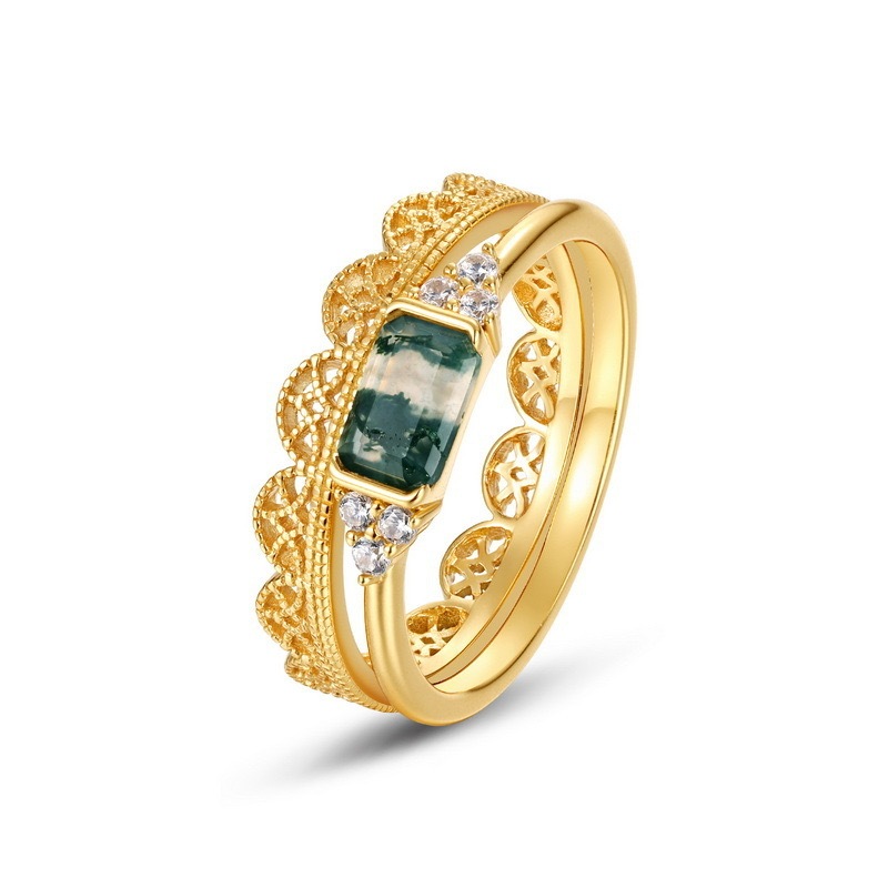 Moss Agate Engagement Ring Set Gold Baguette Cut Natural Gemstone Wave Gold Rings Cubic Zirconia Lace Wedding Band Promise Anniversary Jewelry gift for Women