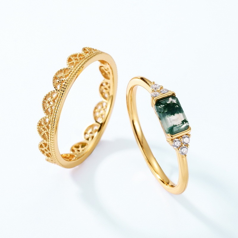 Moss Agate Engagement Ring Set Gold Baguette Cut Natural Gemstone Wave Gold Rings Cubic Zirconia Lace Wedding Band Promise Anniversary Jewelry gift for Women