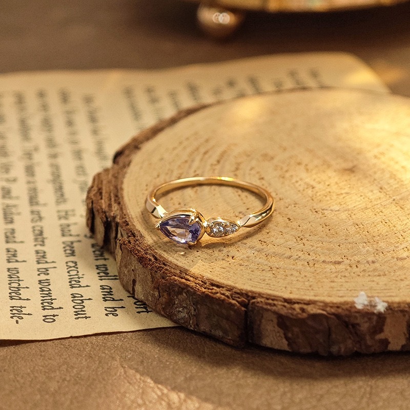Pear Cut Natural Tanzanite Promise Ring Gold Cubic Zirconia Rings Dainty Unique Engagement Anniversary Jewelry gift for Women