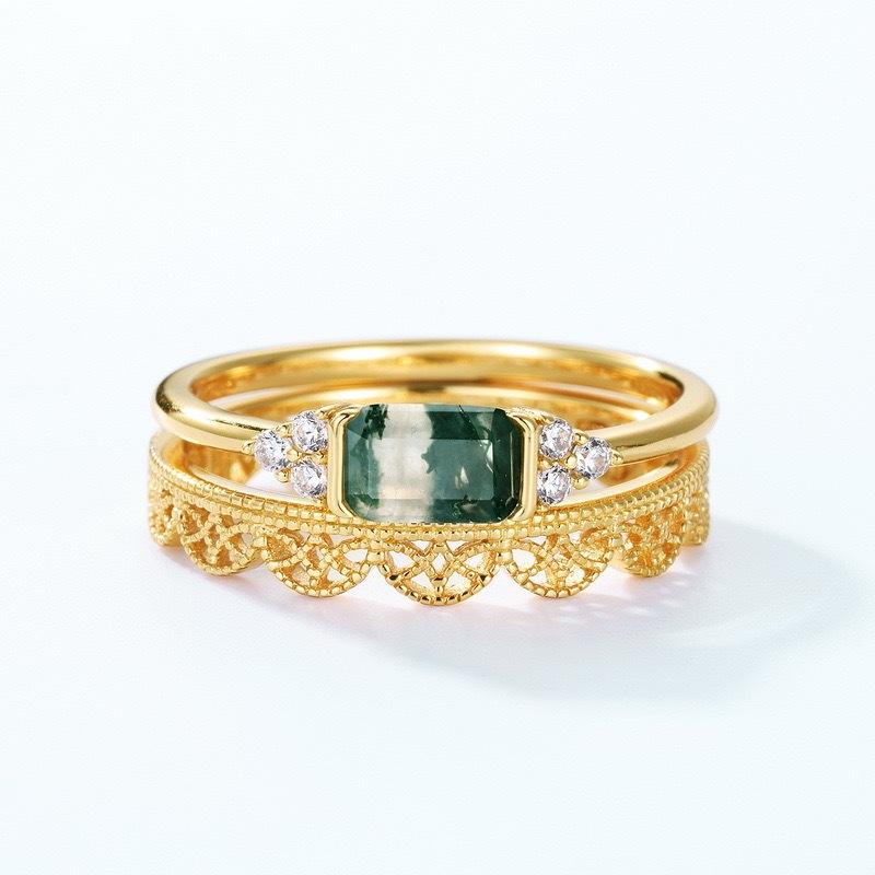 Moss Agate Engagement Ring Set Gold Baguette Cut Natural Gemstone Wave Gold Rings Cubic Zirconia Lace Wedding Band Promise Anniversary Jewelry gift for Women