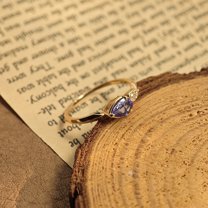 Pear Cut Natural Tanzanite Promise Ring Gold Cubic Zirconia Rings Dainty Unique Engagement Anniversary Jewelry gift for Women
