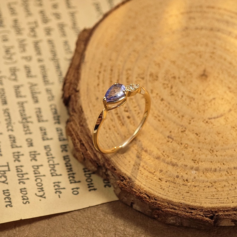 Pear Cut Natural Tanzanite Promise Ring Gold Cubic Zirconia Rings Dainty Unique Engagement Anniversary Jewelry gift for Women