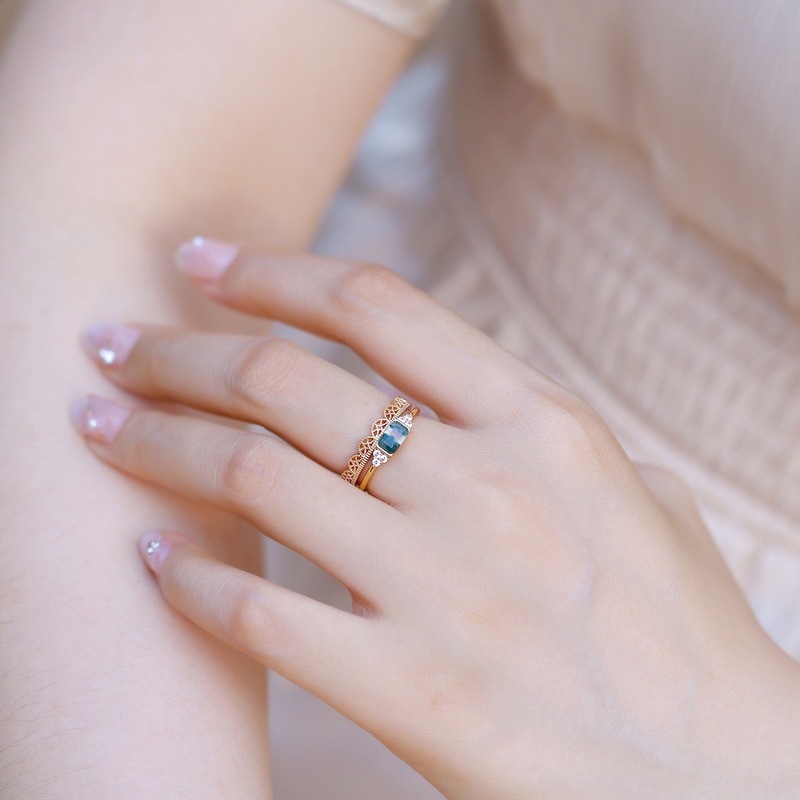 Moss Agate Engagement Ring Set Gold Baguette Cut Natural Gemstone Wave Gold Rings Cubic Zirconia Lace Wedding Band Promise Anniversary Jewelry gift for Women