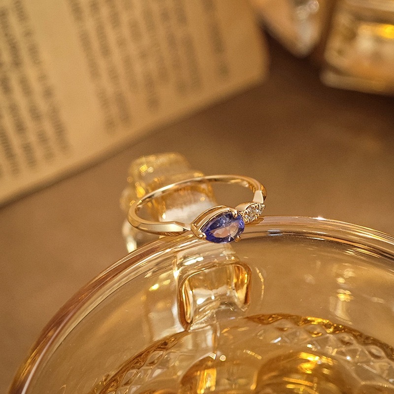Pear Cut Natural Tanzanite Promise Ring Gold Cubic Zirconia Rings Dainty Unique Engagement Anniversary Jewelry gift for Women
