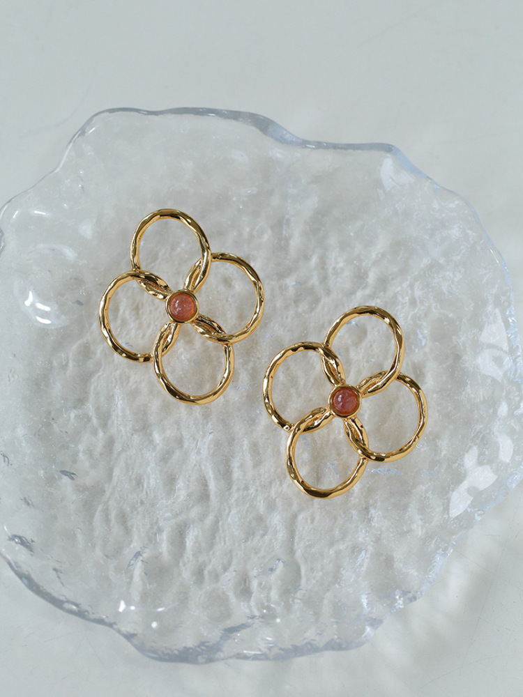 Strawberry Quartz Flower Dangle Drop Earrings for Women Amazonite Hammered Big Statement Jewelry Gift for her
