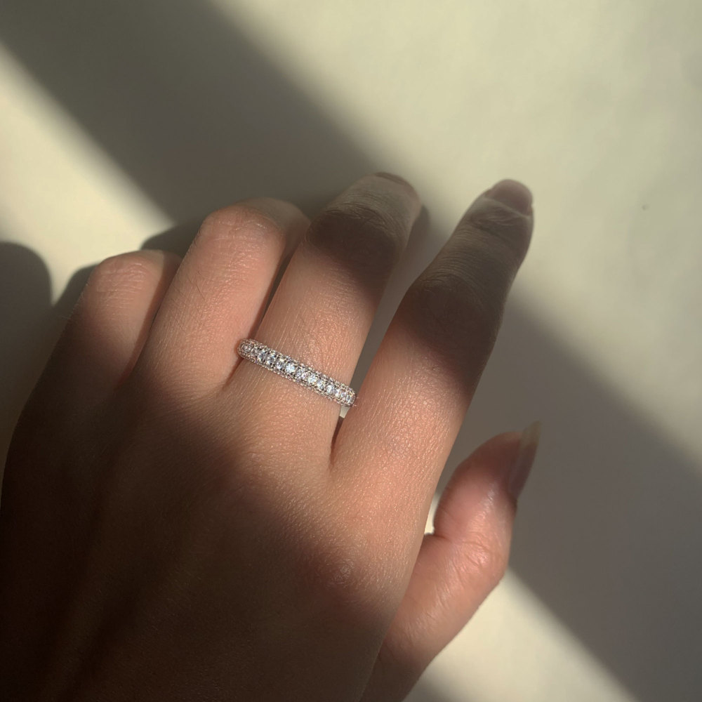 Cubic Zirconia Sterling Silver Wedding Band CZ Simulated Diamond Stackable Ring Full Eternity Stacking Band Anniversary Gift